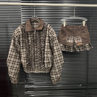 女木耳边格子短外套短裙两件套 复古套装 EAM STUDIO2025年秋冬新款