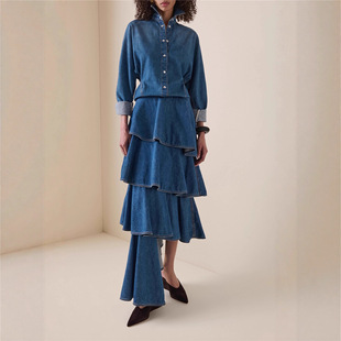 女插肩袖 牛仔套装 宽松衬衣不对称荷叶鱼尾裙两件套 STUDIO时尚 EAM