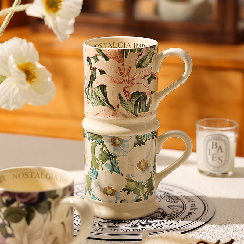 熊谷组陶瓷法式中古风花卉马克杯