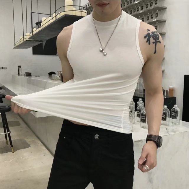 男士汗背心纯棉半高领紧身坎肩T恤健身汗衫打底百搭休闲潮流薄款T