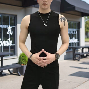 男士汗背心纯棉半高领紧身坎肩T恤健身汗衫打底百搭休闲潮流薄款T
