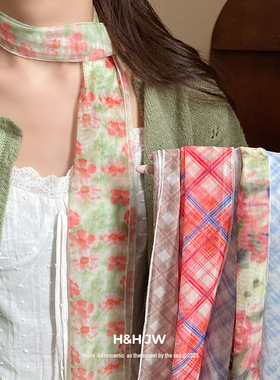 田园风格子碎花网纱丝巾项链超仙优雅氛围感毛衣链轻奢高级感项饰