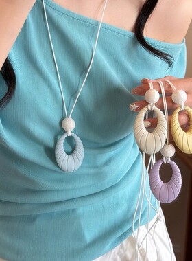 皮绳亚克力椭圆形纹路吊坠项链森系清新甜美锁骨链小众高级感项饰