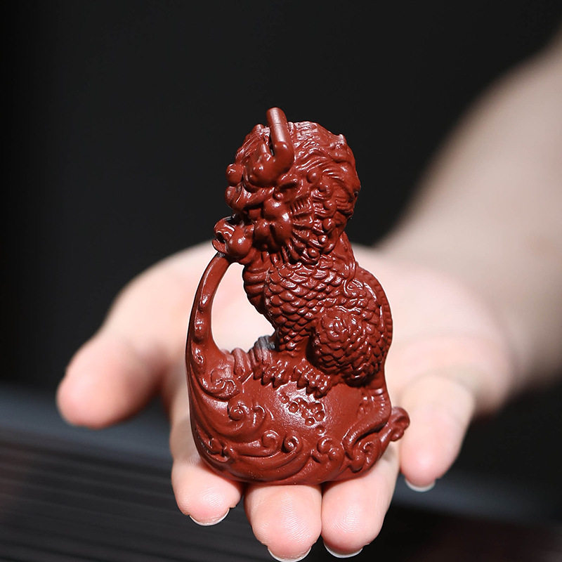宜兴紫砂茶宠麒麟摆件大红袍龙雕塑瑞兽茶具茶道配件水神兽可养厂