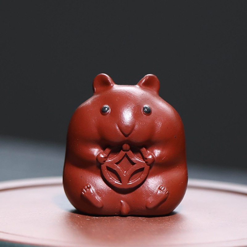 紫砂茶宠老鼠摆件手工大红袍来钱鼠茶玩可养呆萌茶道茶桌茶具配件