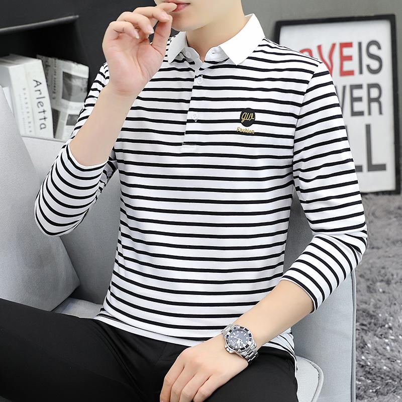 纯棉条纹POLO衫男士春秋长袖T恤