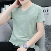 男士 短袖 t恤纯棉v字领青年休闲薄款 夏季 纯色半袖 潮流帅气上衣透气