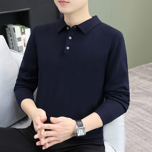 春秋季翻领长袖男士针织衫纯色中青年保暖polo衫打底毛衣男款外套