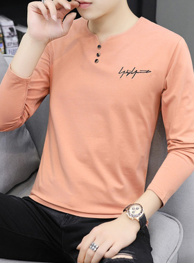 秋季青年橙色长袖t恤男士纯棉秋衣服外穿潮流单件上衣内衬打底衫