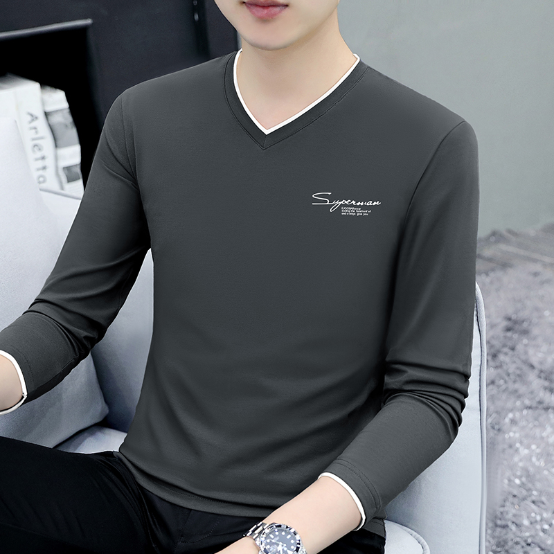 男士长袖t恤纯棉v领打底衫