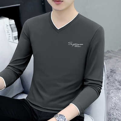 男士长袖t恤纯棉v领打底衫