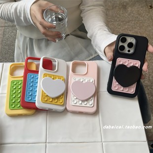 简约撞色吸盘爱心镜面适用苹果17/16手机壳iphone15promax新款14少女心13全包防摔16pro网红14pro韩系高级感