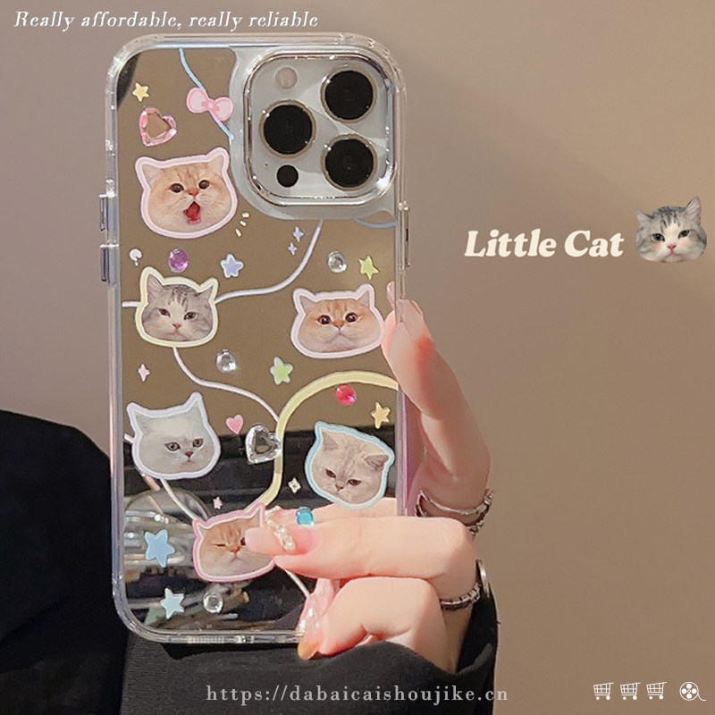 镜面插画猫咪适用苹果14promax手机壳创意iphone13新款12女11全包防摔13pro卡通可爱12pro网红软胶保护套闪钻