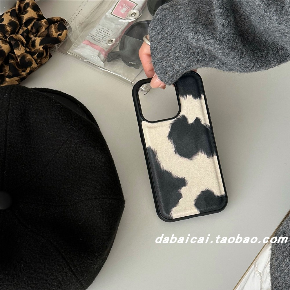 ins复古皮质黑白斑纹适用苹果16手机壳iphone15promax新款14少女13全包防摔12pro网红16pro创意韩系小众简约