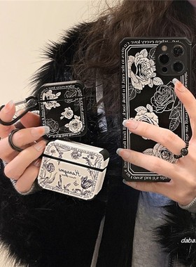 复古艺术玫瑰花适用airpods3保护壳airpods4耳机套pro苹果三代耳机套2代黑色贴皮新款Pods3无线蓝牙挂钩二代