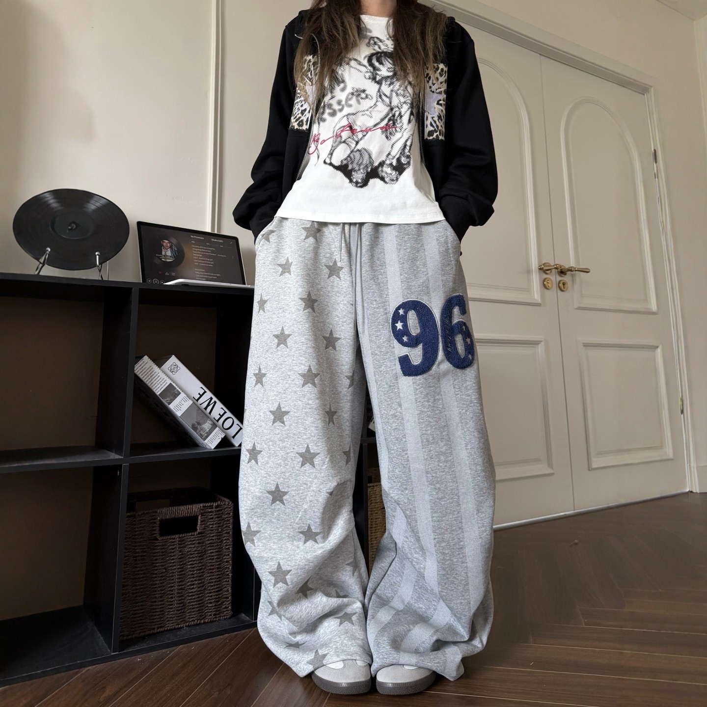 DHSS美式星星条纹休闲卫裤男女宽松阔腿垂感拖地街舞灰色运动长裤