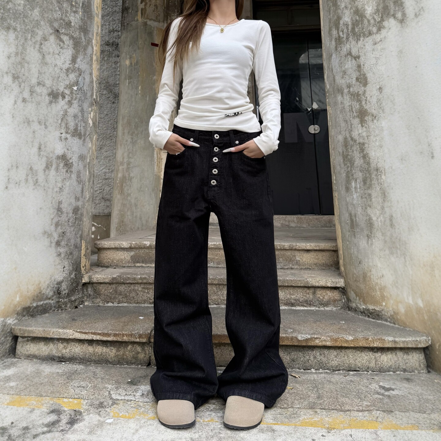 DHSS美式复古五连扣黑色直筒牛仔裤男女宽松阔腿休闲cleanfit长裤