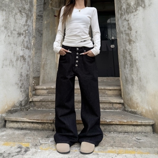 DHSS美式复古五连扣黑色直筒牛仔裤男女宽松阔腿休闲cleanfit长裤