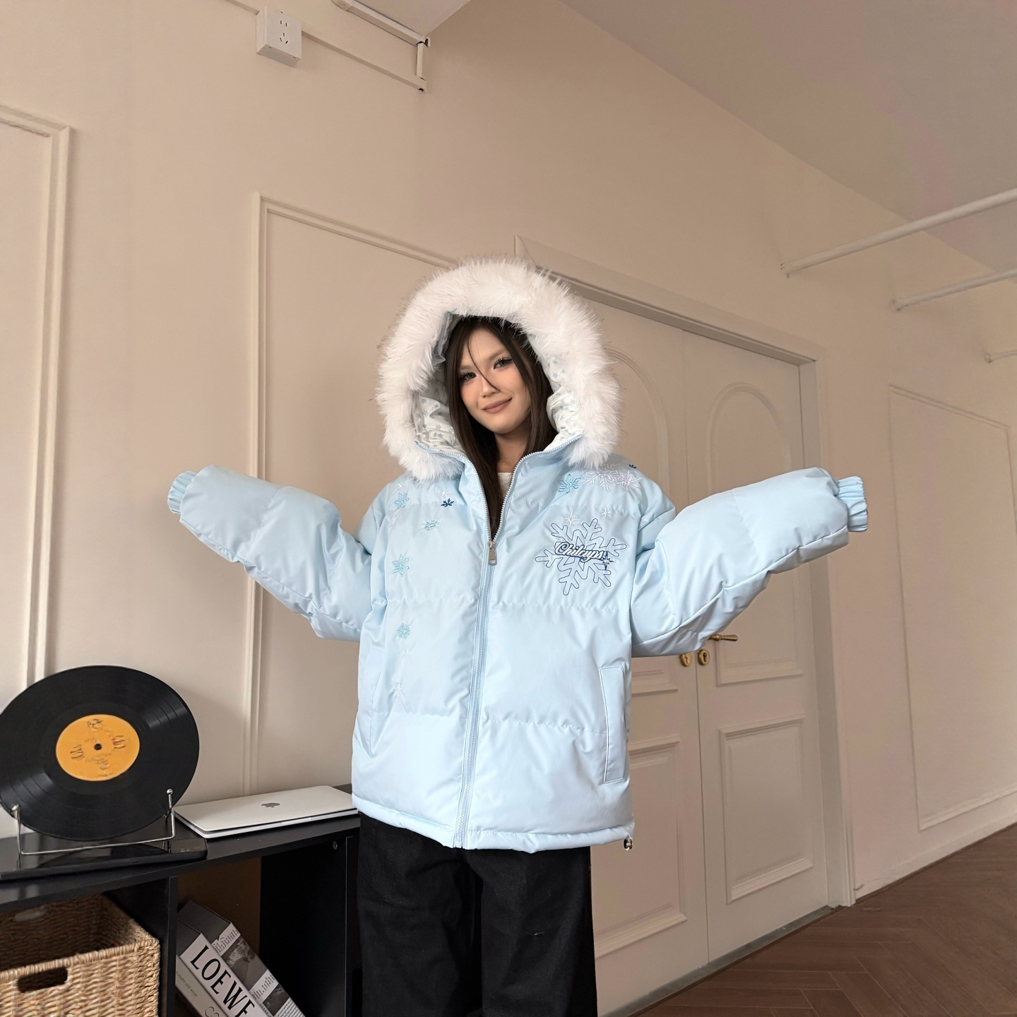 DHSS美式雪花刺绣毛领连帽棉服