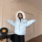 DHSS美式 雪花刺绣毛领连帽棉服外套情侣冬季 加厚保暖面包服棉衣