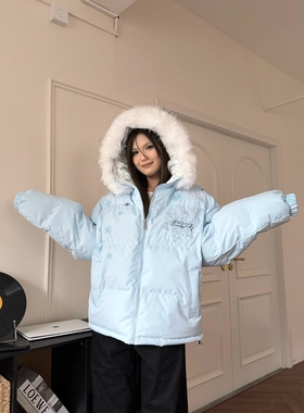 DHSS美式雪花刺绣毛领连帽棉服外套情侣冬季加厚保暖面包服棉衣