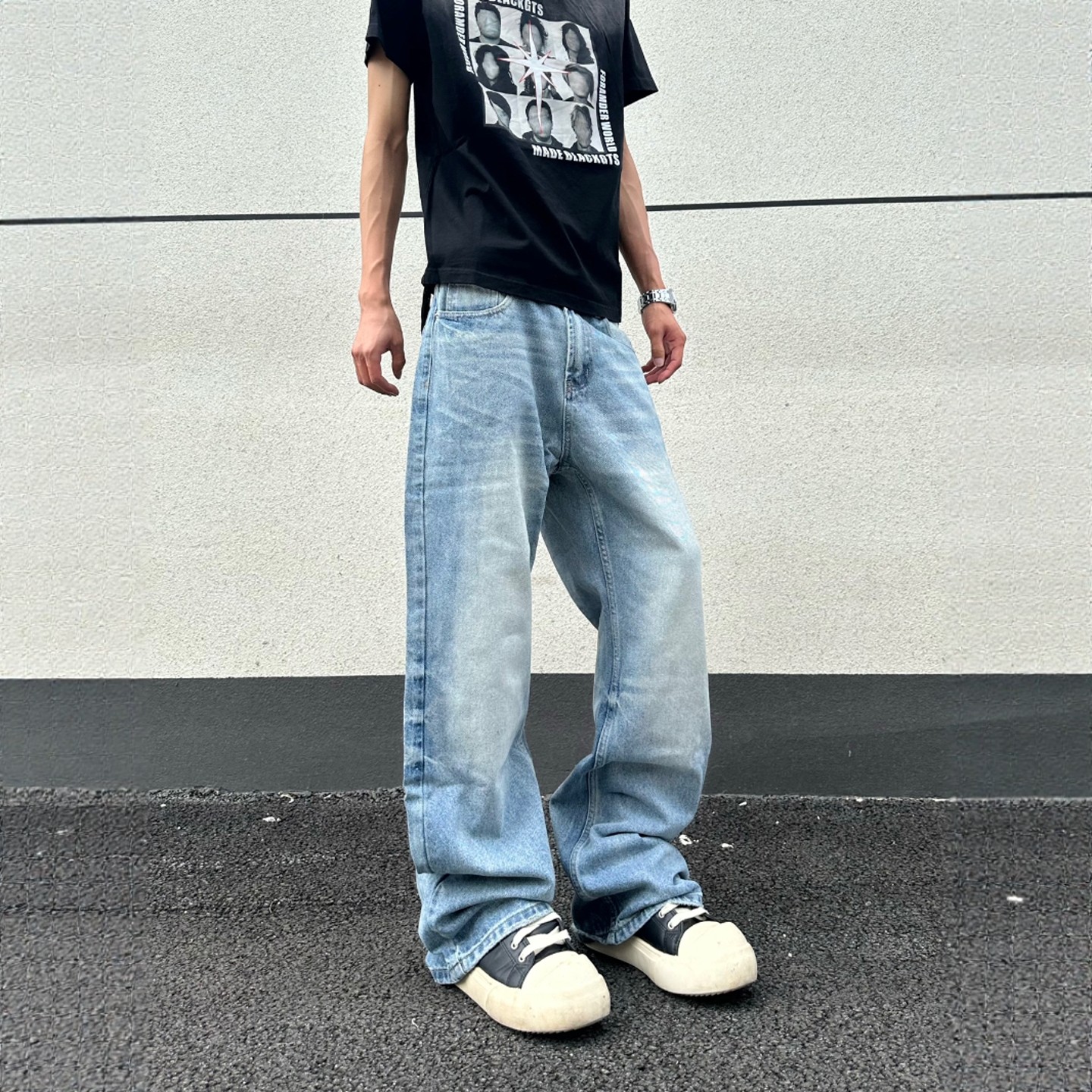 DHSS美式复古水洗做旧牛仔裤男女宽松直筒阔腿裤百搭cleanfit长裤