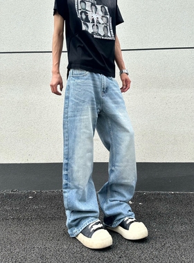 DHSS美式复古水洗做旧牛仔裤男女宽松直筒阔腿裤百搭cleanfit长裤