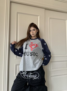 DHSS美式音符爱心印花长袖T恤男女撞色插肩袖宽松情侣休闲上衣