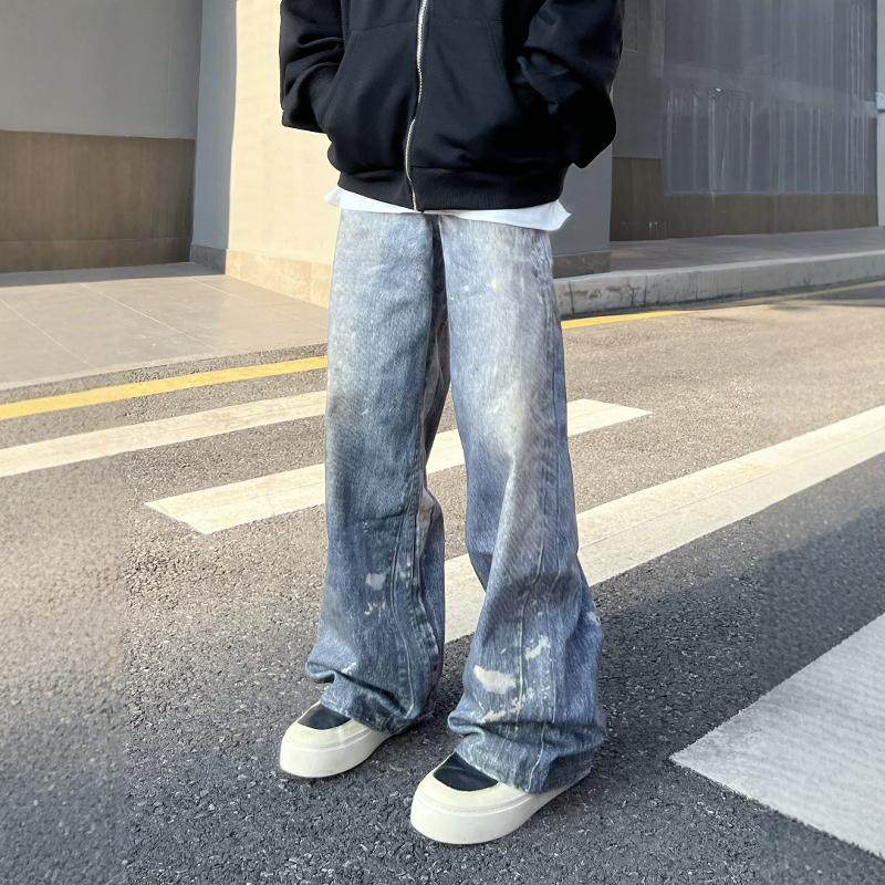 DHSS美式复古泼墨直筒牛仔裤男女做旧宽松阔腿直筒cleanfit长裤