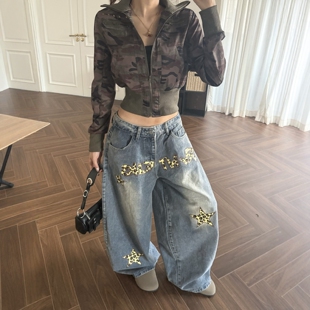 DHSS美式复古豹纹星星牛仔裤男女宽松直筒阔腿拖地百搭休闲长裤