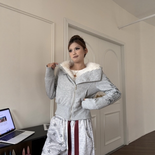 DHSS美式复古斜襟毛绒内胆连帽卫衣秋冬短款修身显瘦加绒加厚外套