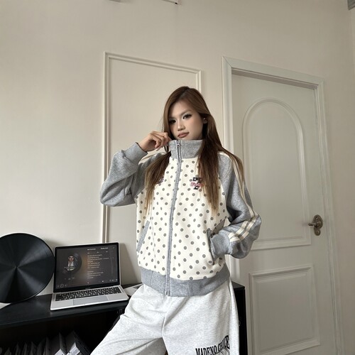 DHSS复古波点撞色立领短外套