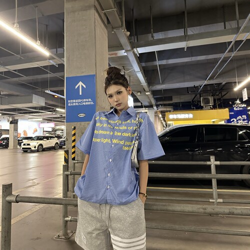 DHSS美式复古格子短袖衬衫宽松