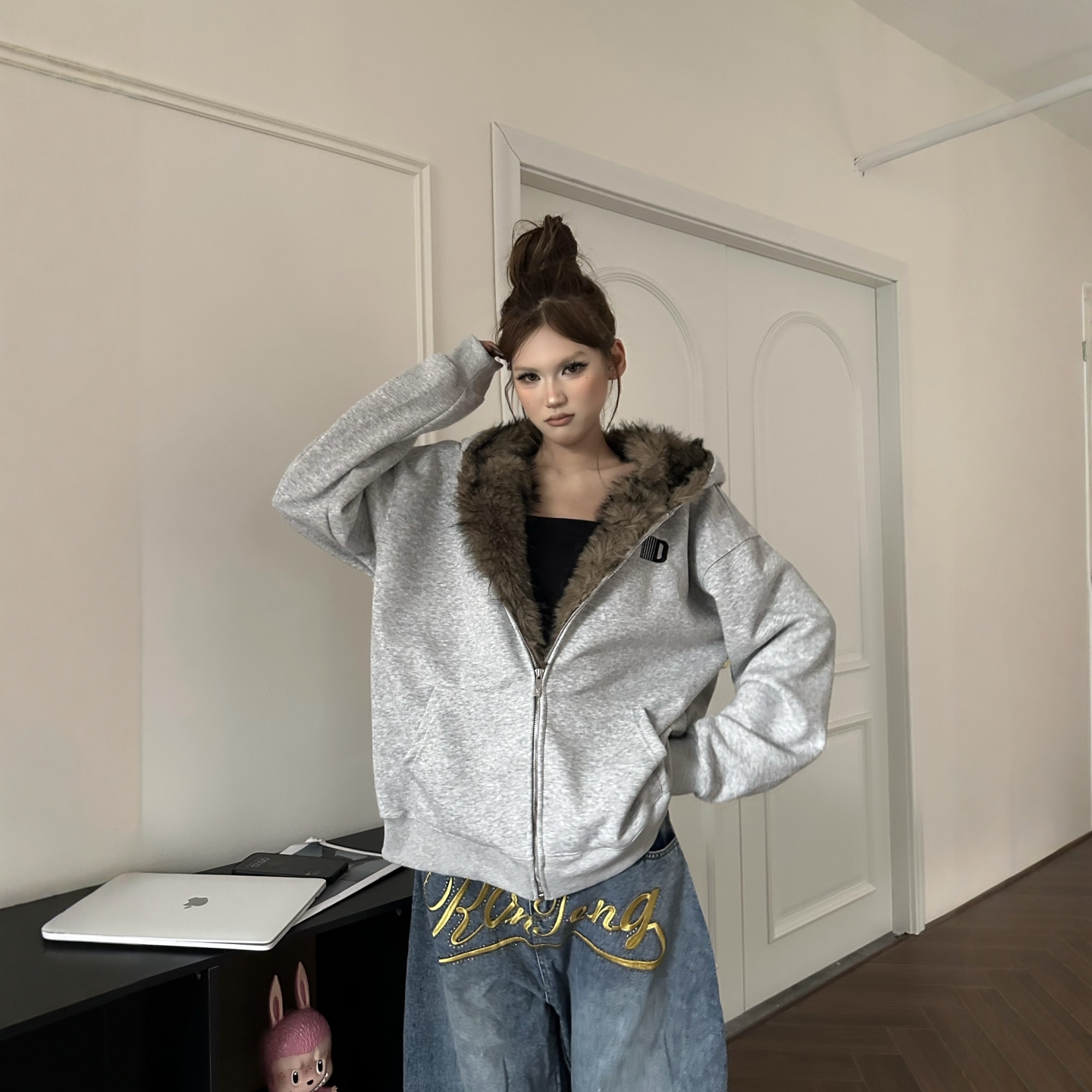 美式复古毛领连帽卫衣男女外套