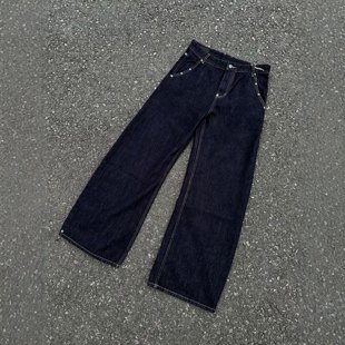 DHSS美式复古彩石撞钉原牛直筒牛仔裤男女宽松高级感阔腿高街裤子