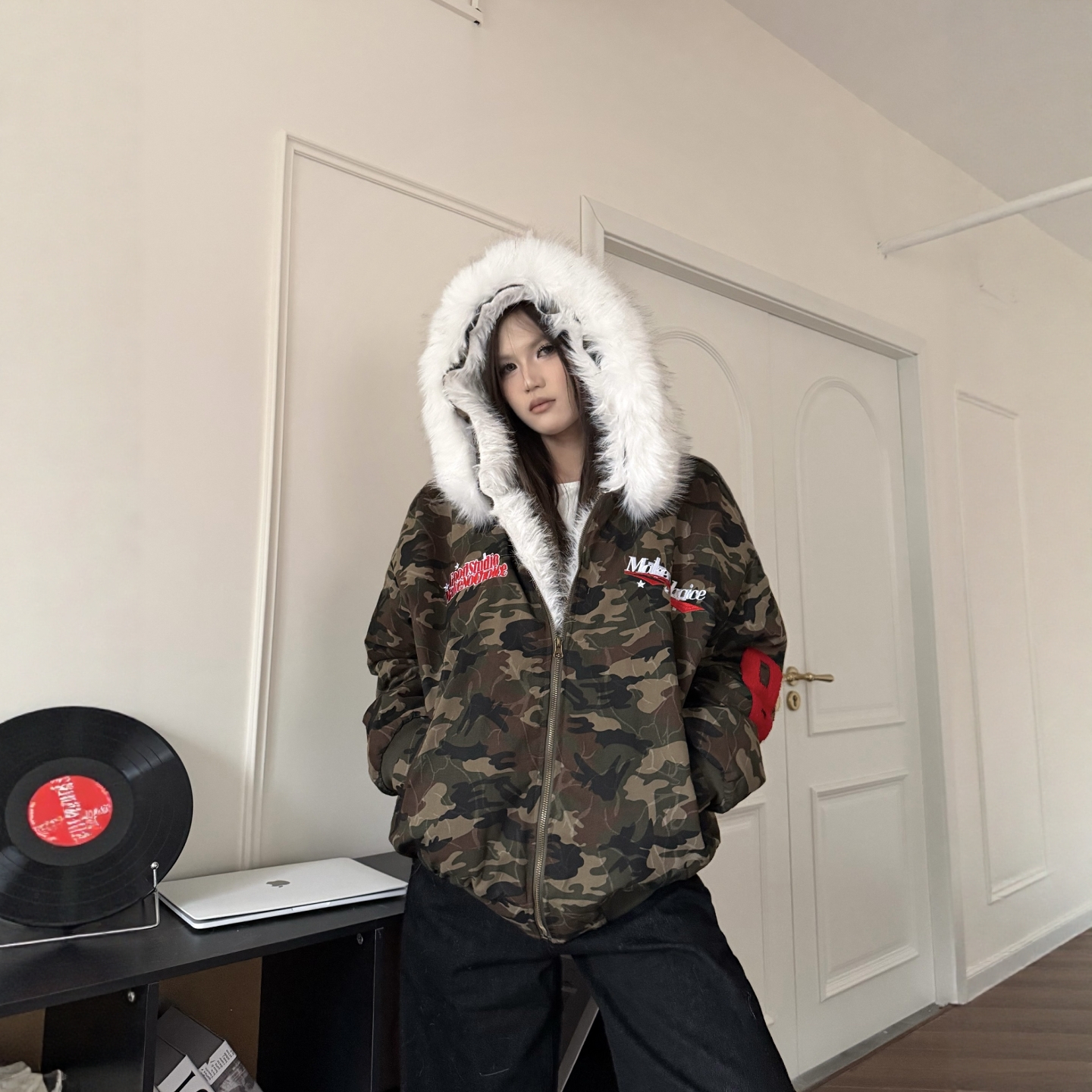 美式复古可拆卸毛领迷彩棉服