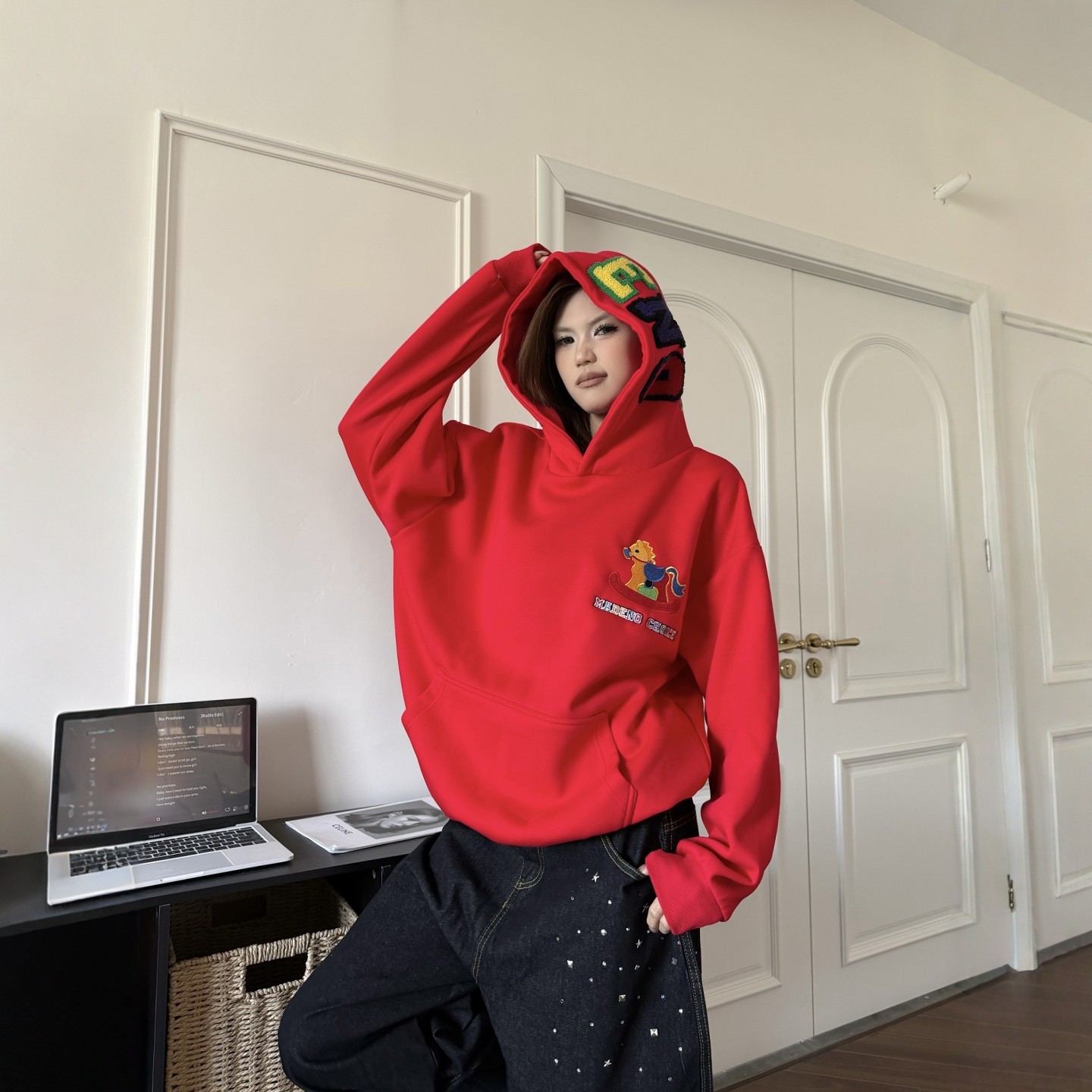 DHSS美式字母植绒刺绣加绒连帽卫衣男女春季宽松氛围感情侣帽衫