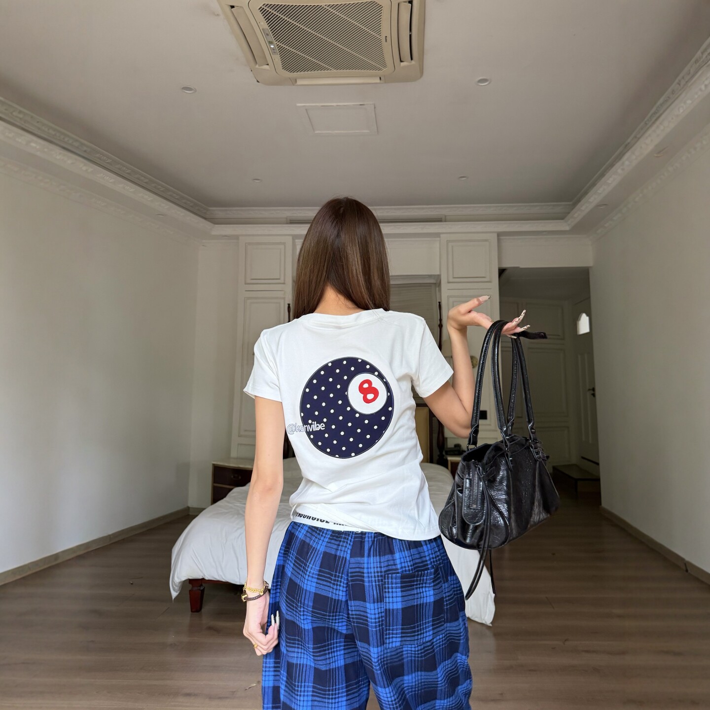 DHSS美式复古波点桌球贴布刺绣T恤夏季修身短款显瘦休闲辣妹短袖