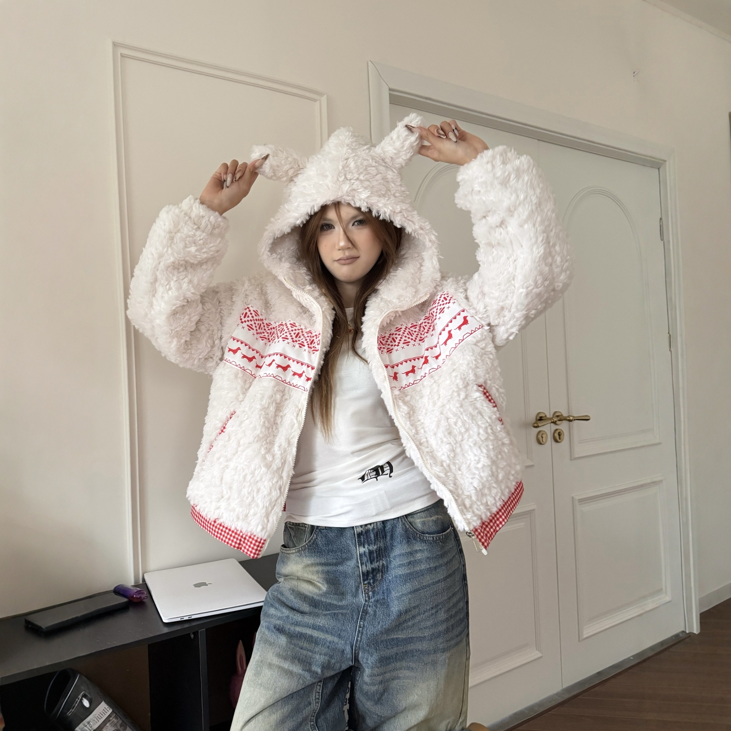 羊羔绒毛绒耳朵保暖外套棉服棉衣