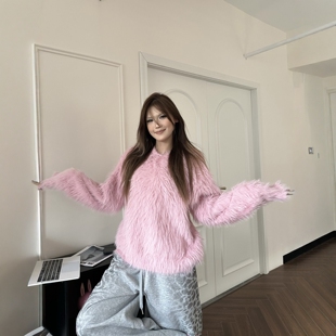 DHSS美式复古粉色贴布刺绣水貂毛连帽毛衣宽松慵懒风保暖针织衫