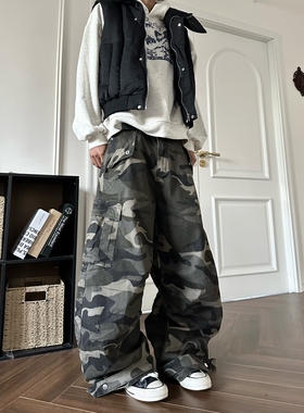 DHSS美式街头工装多口袋迷彩裤男女宽松直筒阔腿百搭弯刀休闲裤