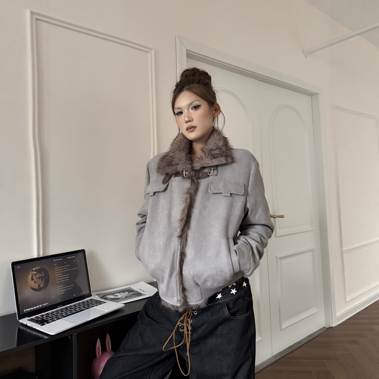 美式麂皮毛领座山雕棉衣短外套