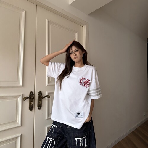 DHSS美式复古排扣印花短袖T恤