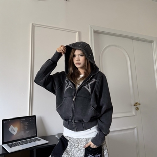 DHSS美式水洗做旧星星烫钻连帽开衫卫衣春季街头宽松短款拉链外套