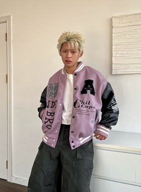 DHSS原创美式字母刺绣拼色棒球服外套男女宽松秋冬新款高街夹克