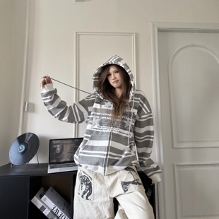 DHSS美式复古星星条纹开衫连帽卫衣春季新款男女宽松休闲情侣外套