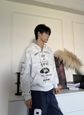 DHSS美式复古做旧字母印花连帽开衫卫衣宽松春季男女高街休闲外套