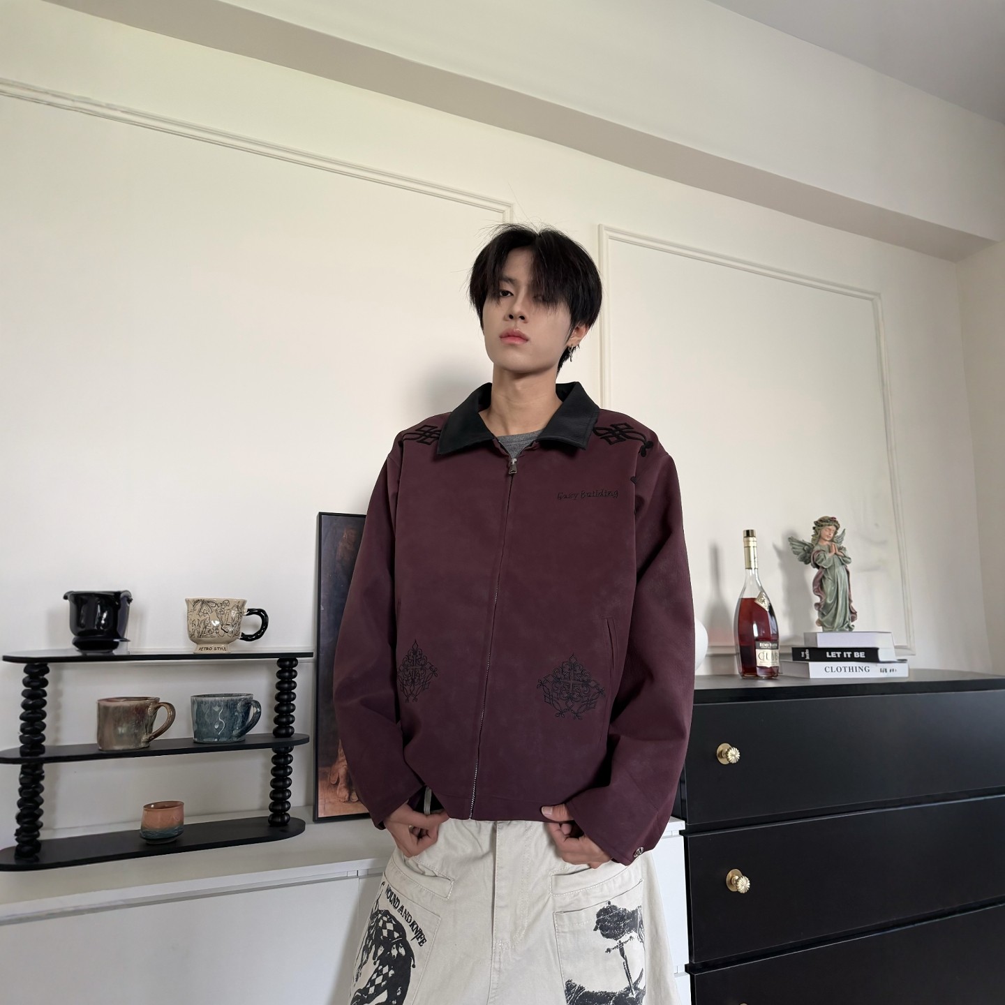 DHSS美式复古刺绣皮衣夹克外套