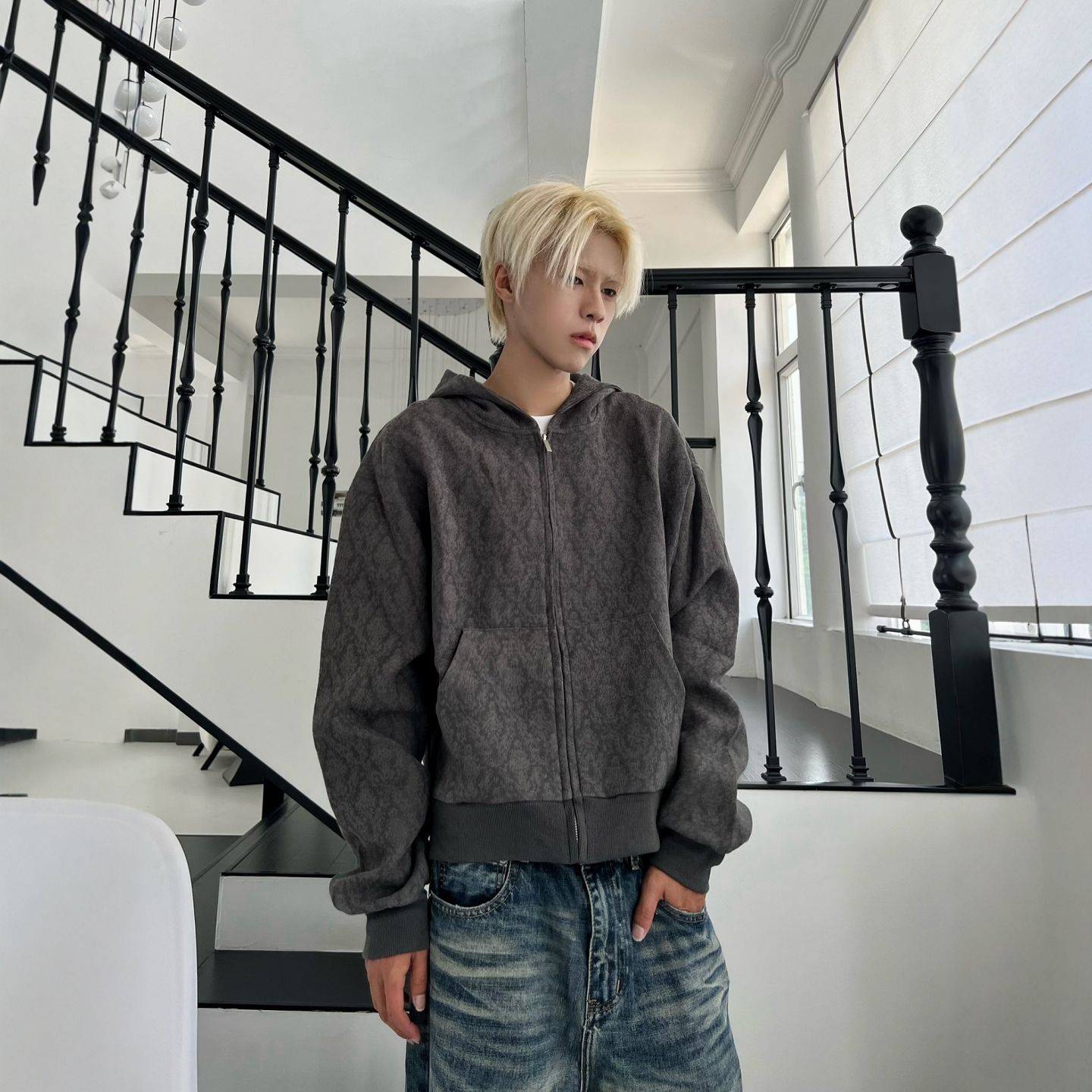 美式复古提花短宽开衫连帽卫衣