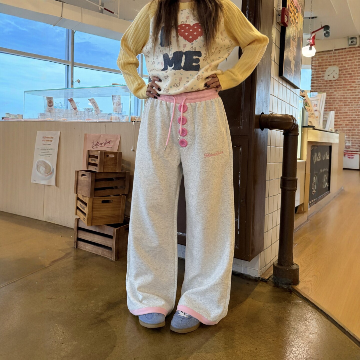 DHSS美式撞色纽扣直筒休闲裤